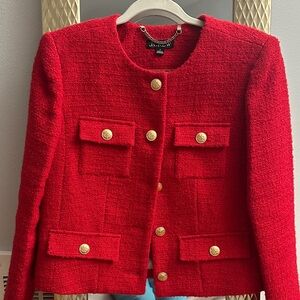 J. Crew Vibrant Red Tweed Blazer with Gold Buttons